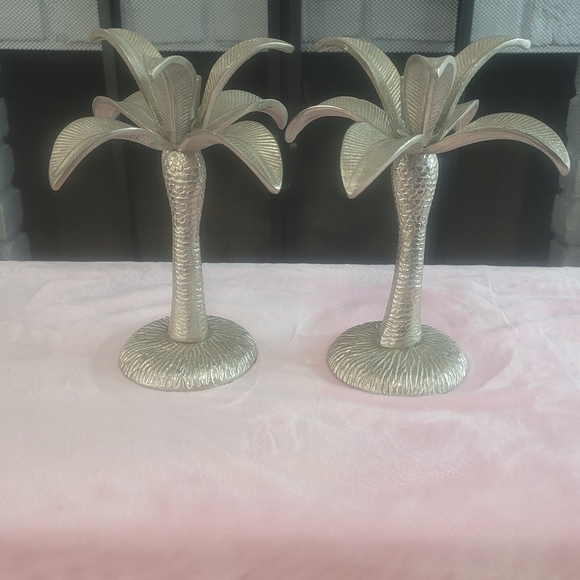 Silver Palm Tree Candle Holders Pewter